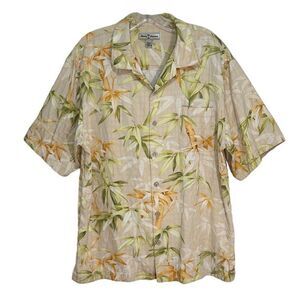 Tommy Bahama - Men's Vintage Hawaiian Floral Silk Short Sleeve Shirt, Size L Tan